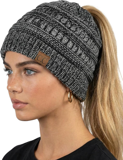 Women'S Beanie Ponytail Messy Bun Beanietail Multi Color Ribbed Hat Cap