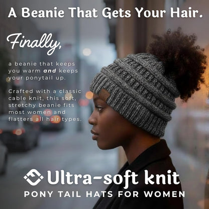 Women'S Beanie Ponytail Messy Bun Beanietail Multi Color Ribbed Hat Cap