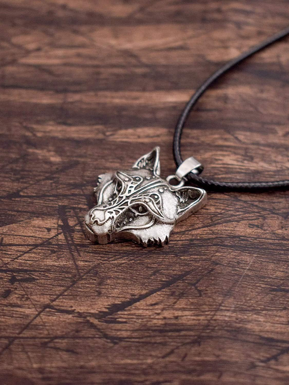 Wolf Necklace for Men and Women, Viking Wolf Head Pendant, Faux Leather Cord, Wolf Jewelry Gift