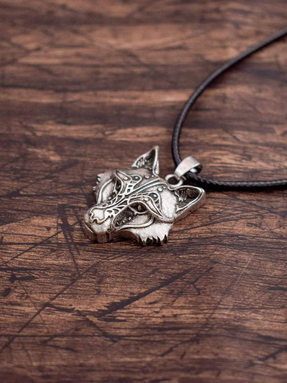 Wolf Necklace for Men and Women, Viking Wolf Head Pendant, Faux Leather Cord, Wolf Jewelry Gift