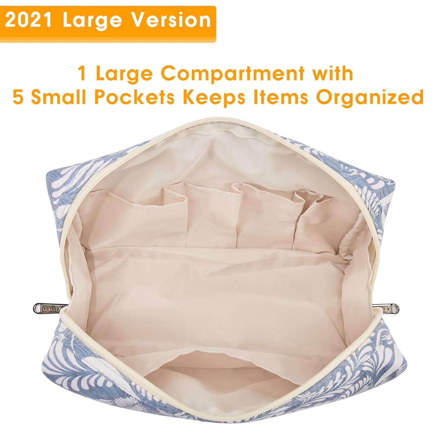 Large Makeup Bag Zipper Pouch Travel Cosmetic Organizer for Women (Large, Blue Leaf)
