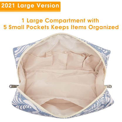 Large Makeup Bag Zipper Pouch Travel Cosmetic Organizer for Women (Large, Blue Leaf)