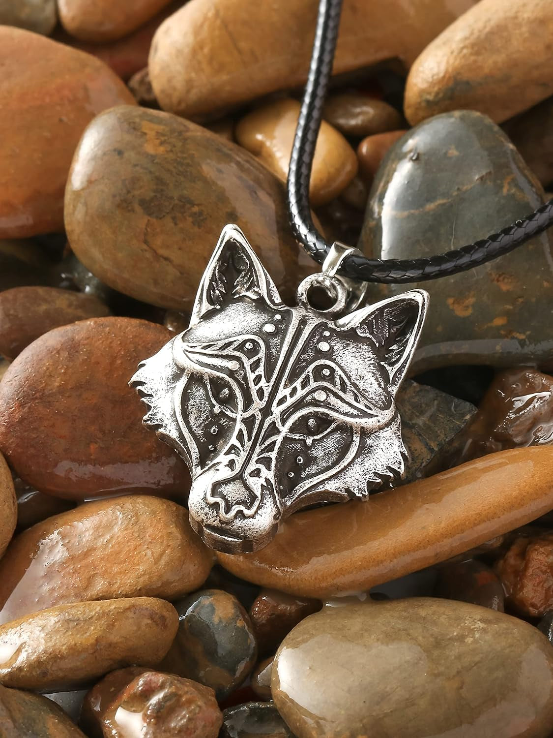 Wolf Necklace for Men and Women, Viking Wolf Head Pendant, Faux Leather Cord, Wolf Jewelry Gift