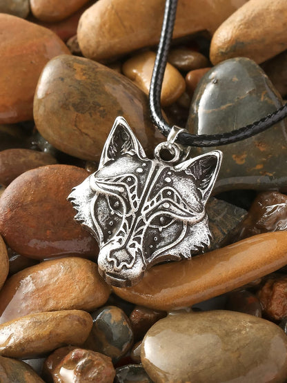 Wolf Necklace for Men and Women, Viking Wolf Head Pendant, Faux Leather Cord, Wolf Jewelry Gift