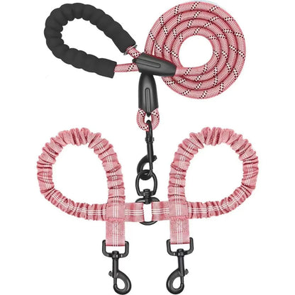 FlexiWalk™ Shock-Absorbing Double Dog Leash – Nylon, Stretchable, Anti-Winding for Comfortable Walks